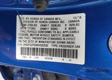 2019 Honda Civic Lx from USA, damaged, VIN 2HGFC2F65KH520350